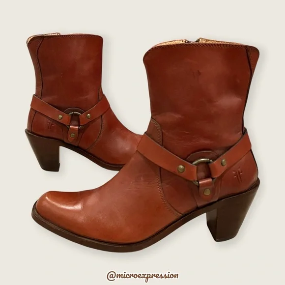 $359 Frye Romy Harness Brown Cognac Real Leather Vintage Cowboy Short Ankle Boot - Picture 1 of 12